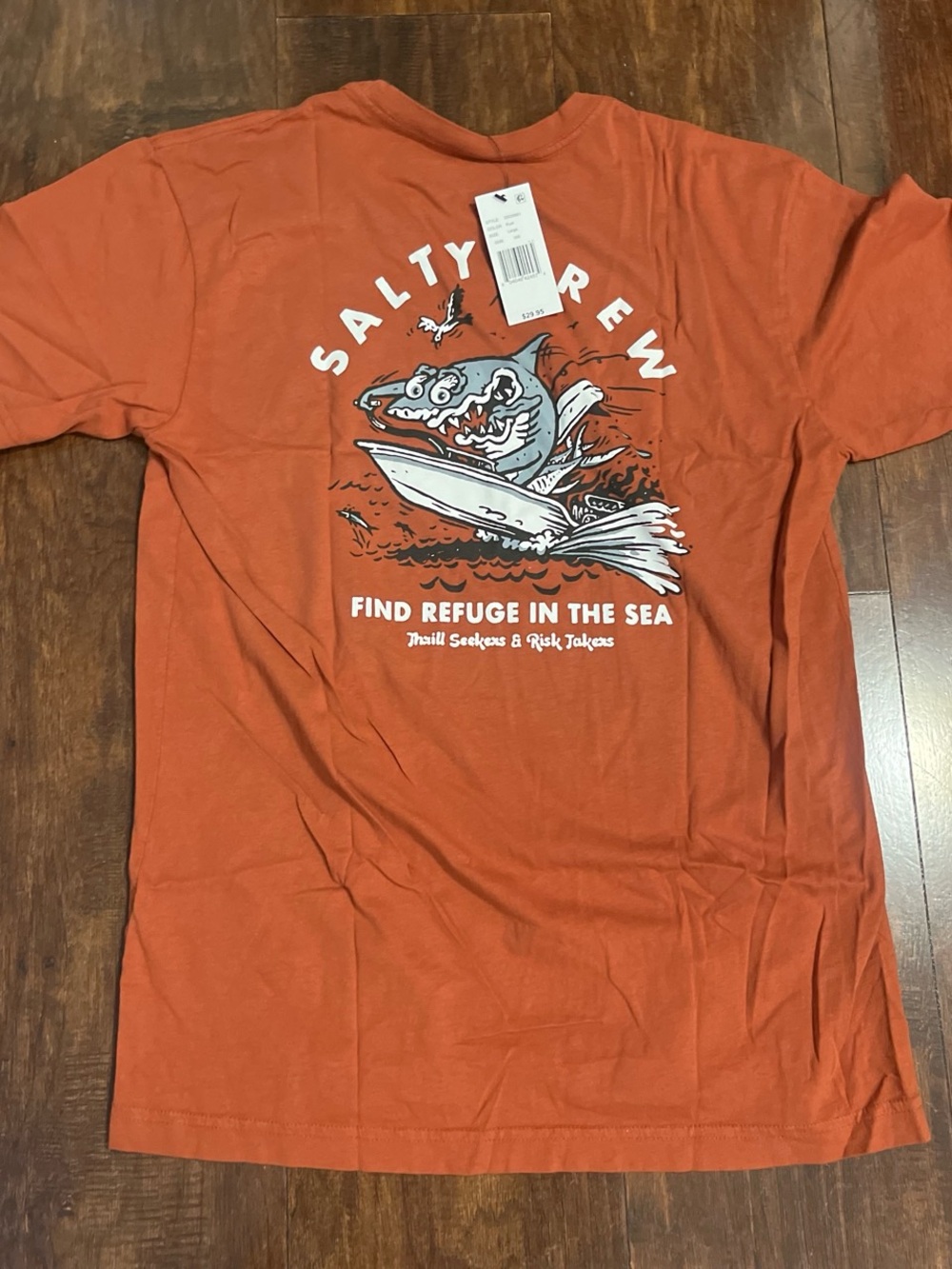 Salty Crew Men’s Rust Orange Graphic Swim Tee with White & Navy Print